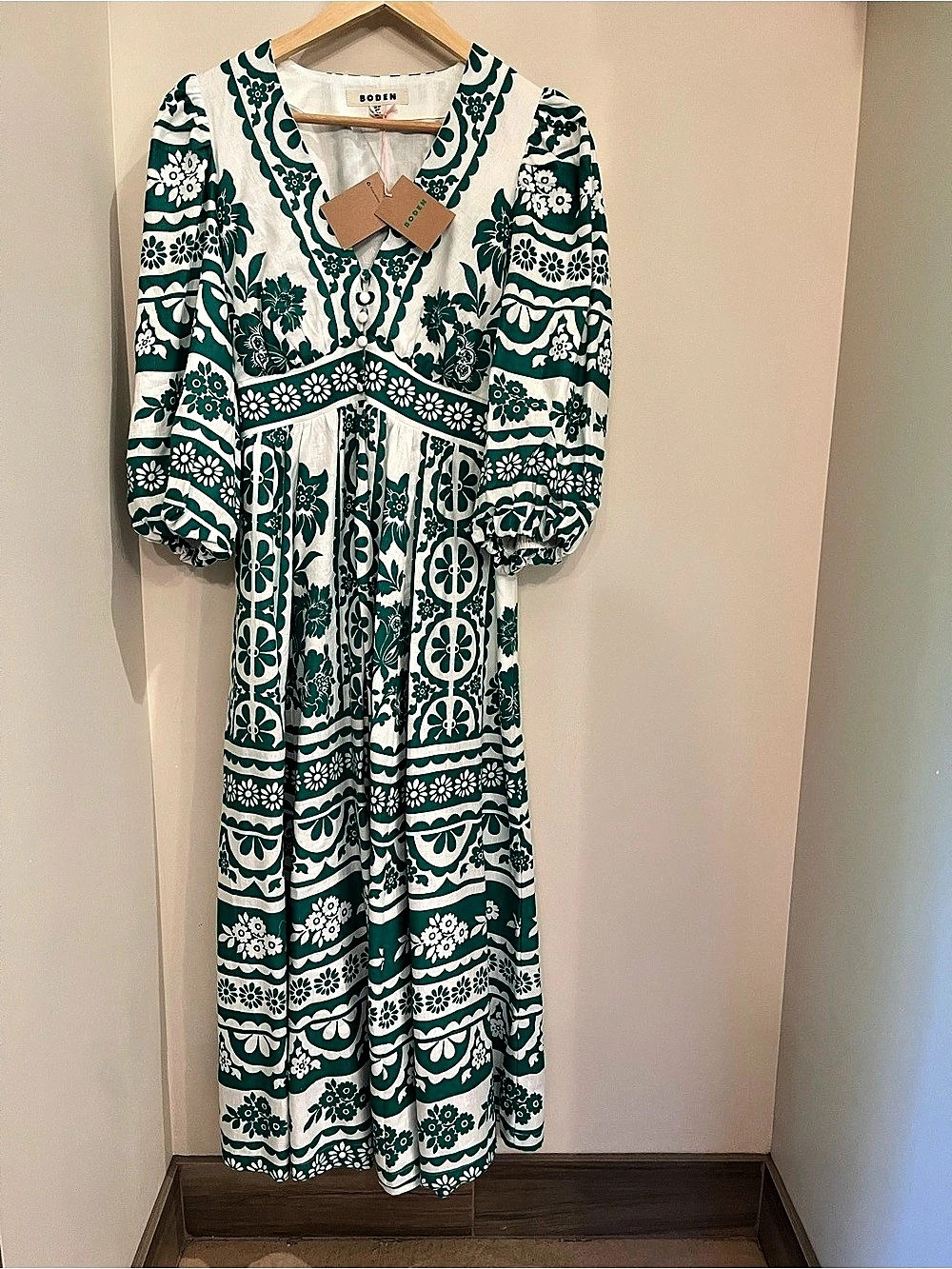 Boden Irene Linen Midi Dress Floral Maxi Dress in Green & White Waist 10P